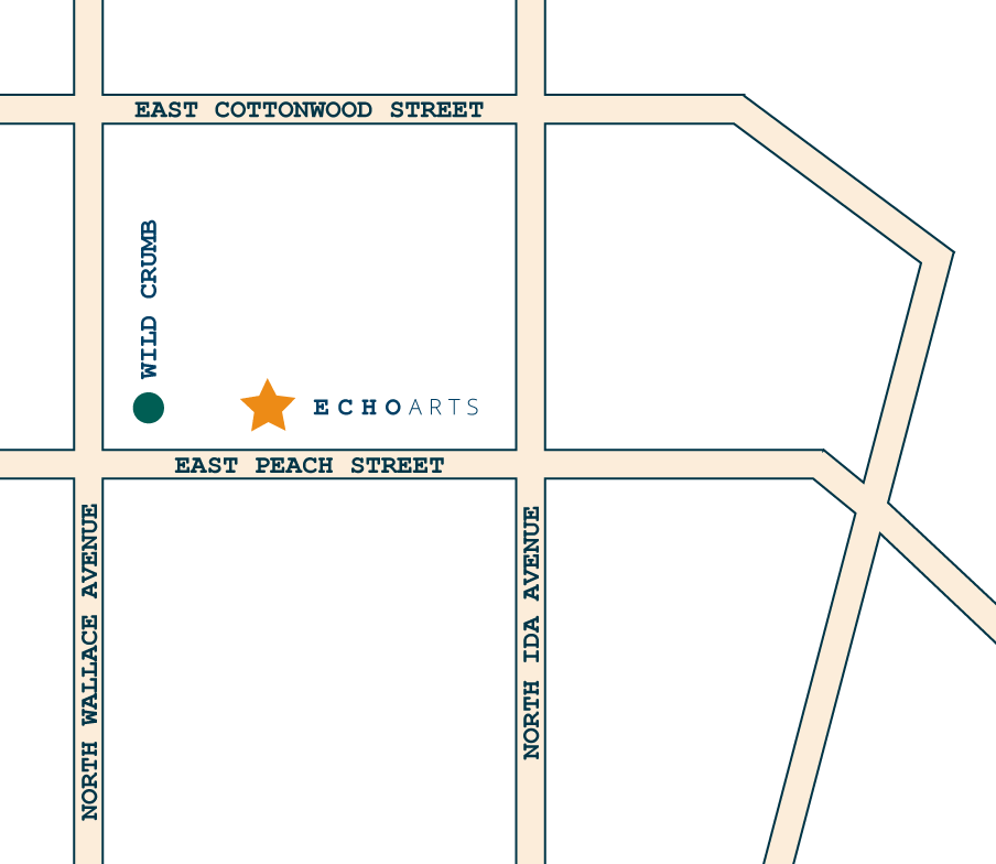 Hand-drawn neighborhood map showing Echo Arts at the corner of East Peach Street and North Wallace Avenue, with Wild Crumb nearby