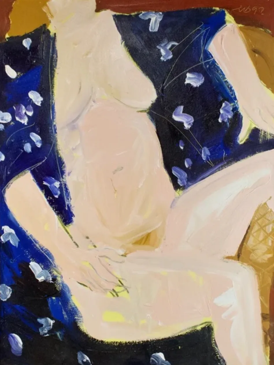 ONE 21-92, a painting of a seated nude on a blue patterned chair by Freeman W. Butts